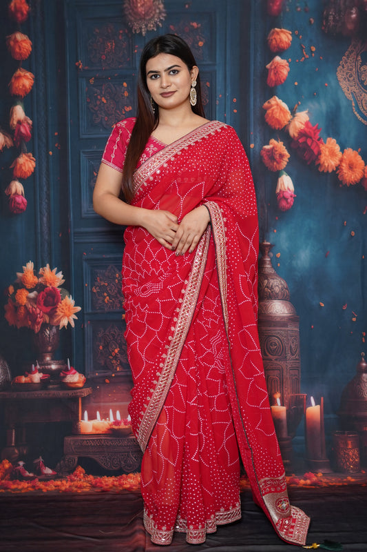 Bright Red Georgette Saree with Golden Embroidered Border