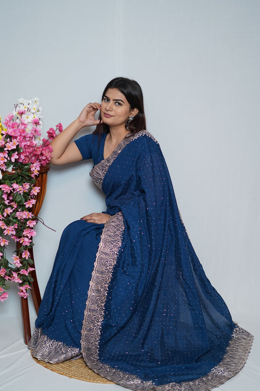 Navy Blue Georgette Saree with Rose Gold Embroidered Lace Border