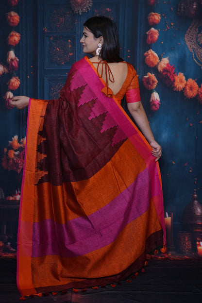 Maroon & Orange Tissue Saree with Magenta Border