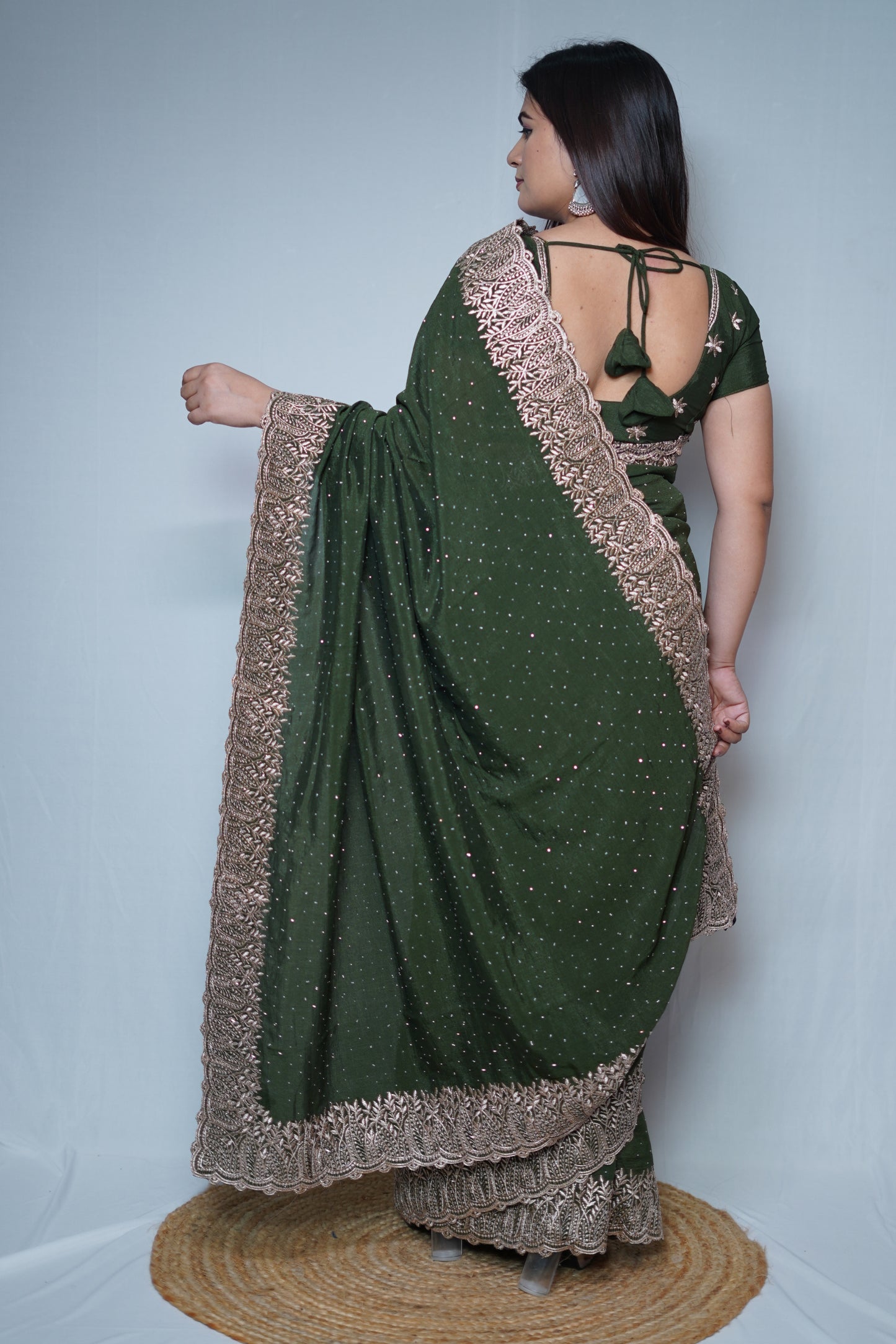 Olive Green Georgette Saree with Rose Gold Embroidered Lace Borde