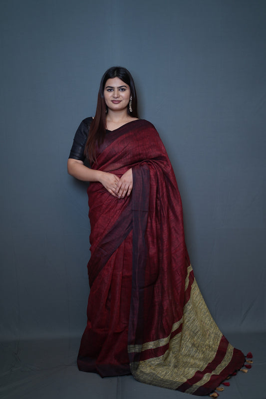 Wine Red Tissue Saree with Golden Border and Black Contrast Pallu