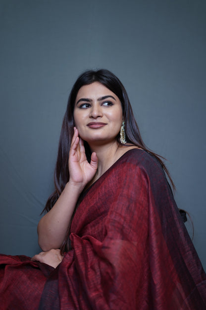Wine Red Tissue Saree with Golden Border and Black Contrast Pallu