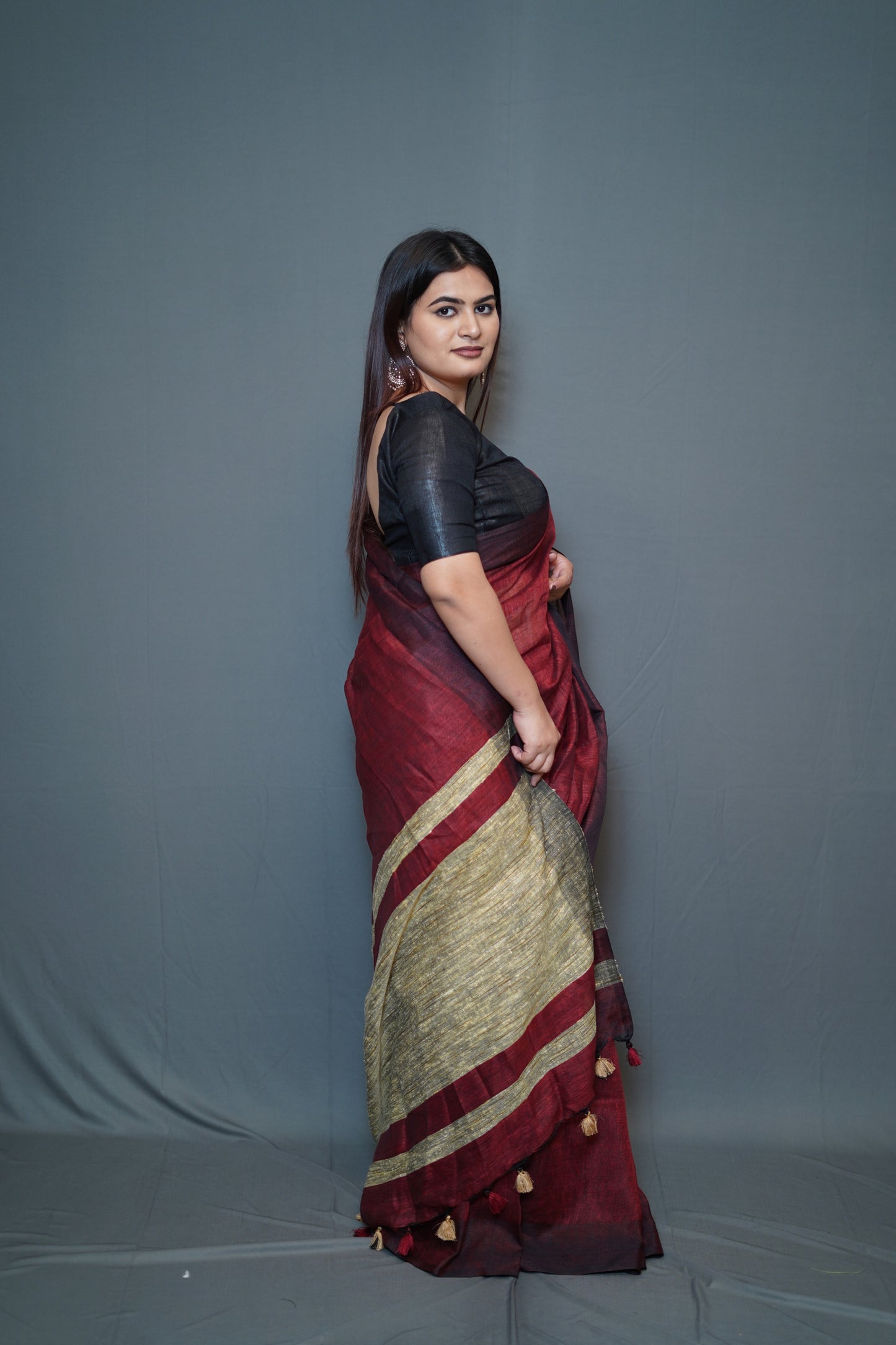 Wine Red Tissue Saree with Golden Border and Black Contrast Pallu