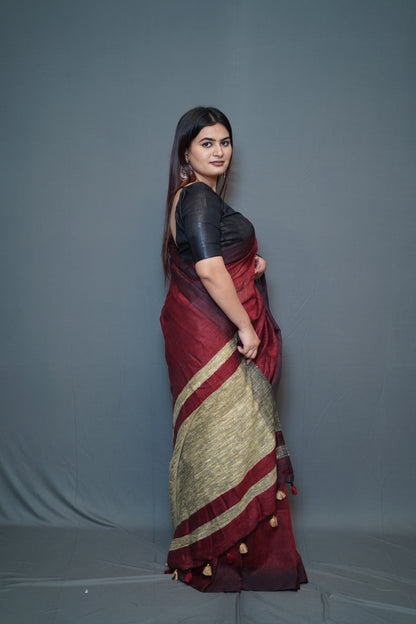 Wine Red Tissue Saree with Golden Border and Black Contrast Pallu
