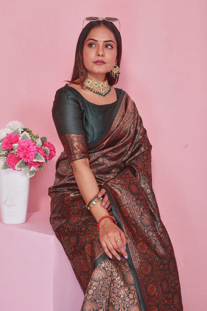 Dark Green Silk Saree with Copper Brown Zari Brocade