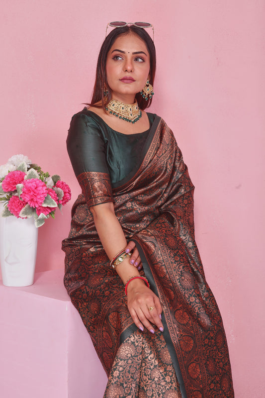 Dark Green Silk Saree with Copper Brown Zari Brocade
