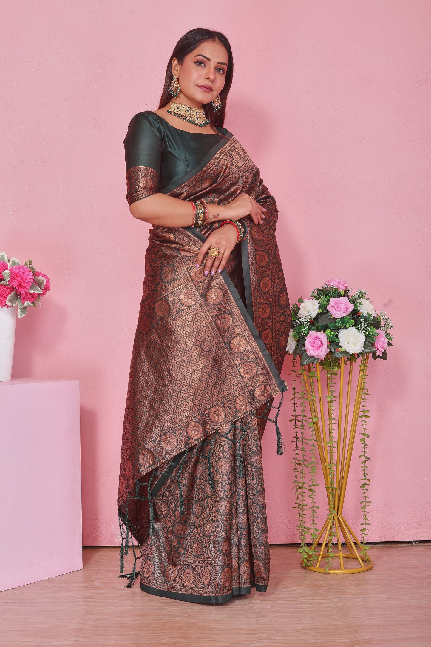 Dark Green Silk Saree with Copper Brown Zari Brocade