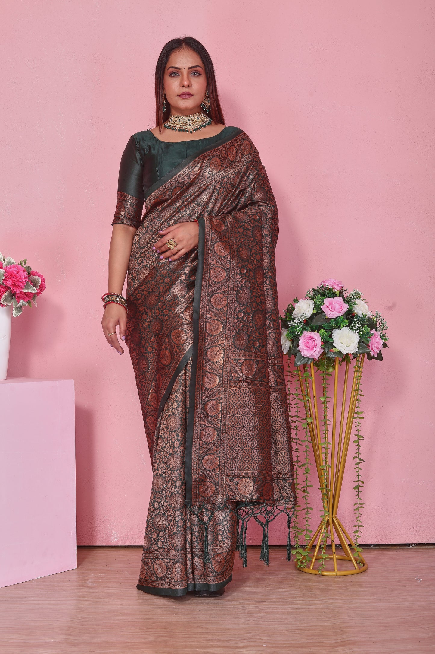 Dark Green Silk Saree with Copper Brown Zari Brocade