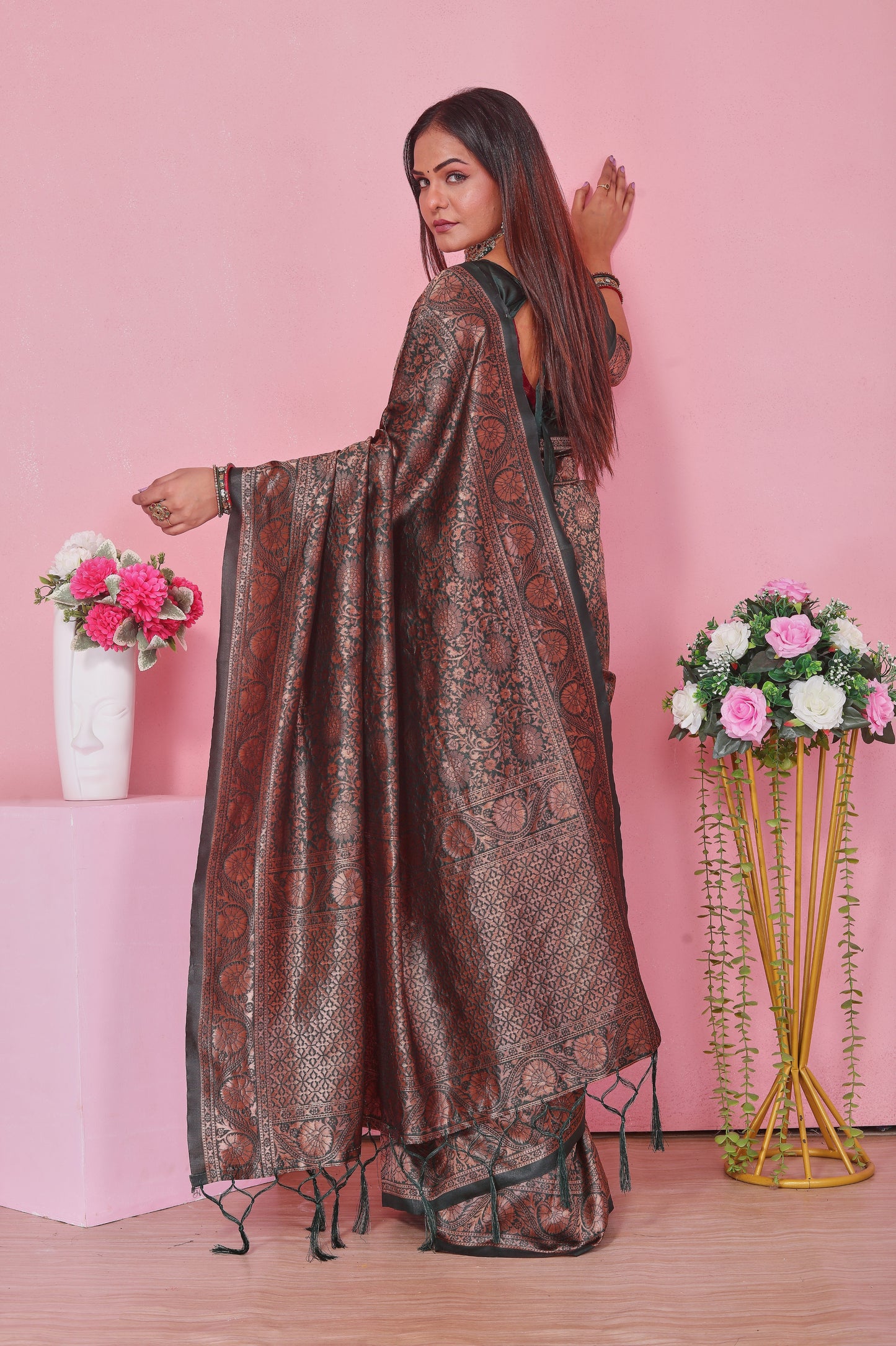 Dark Green Silk Saree with Copper Brown Zari Brocade