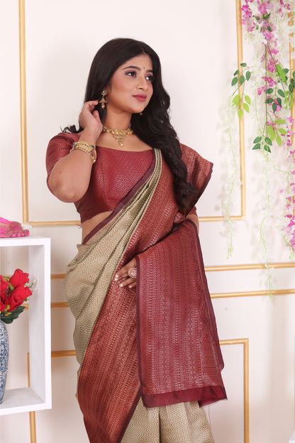 Beige Banarasi Art Silk Saree with Contrast Maroon Border
