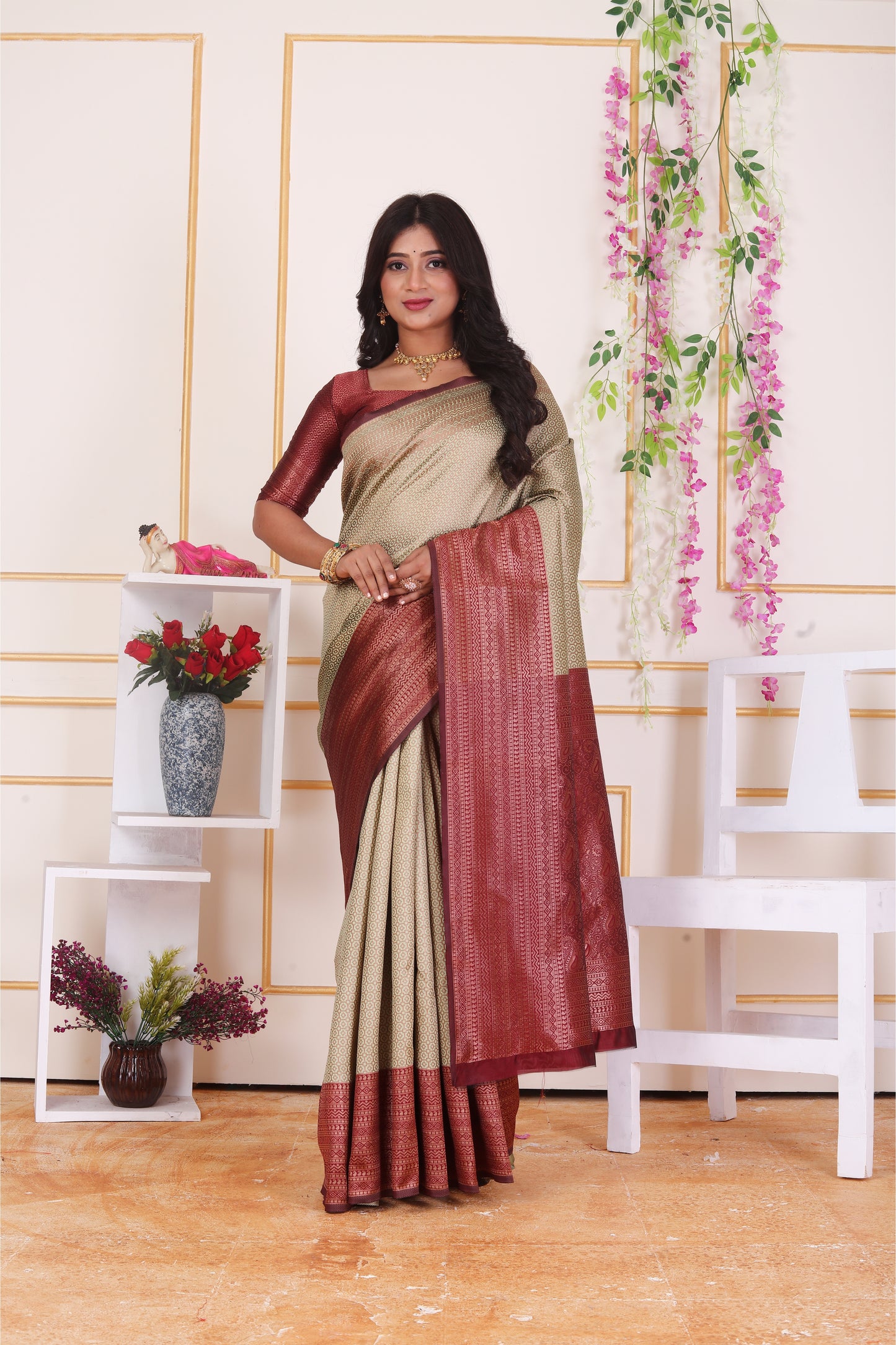 Beige Banarasi Art Silk Saree with Contrast Maroon Border