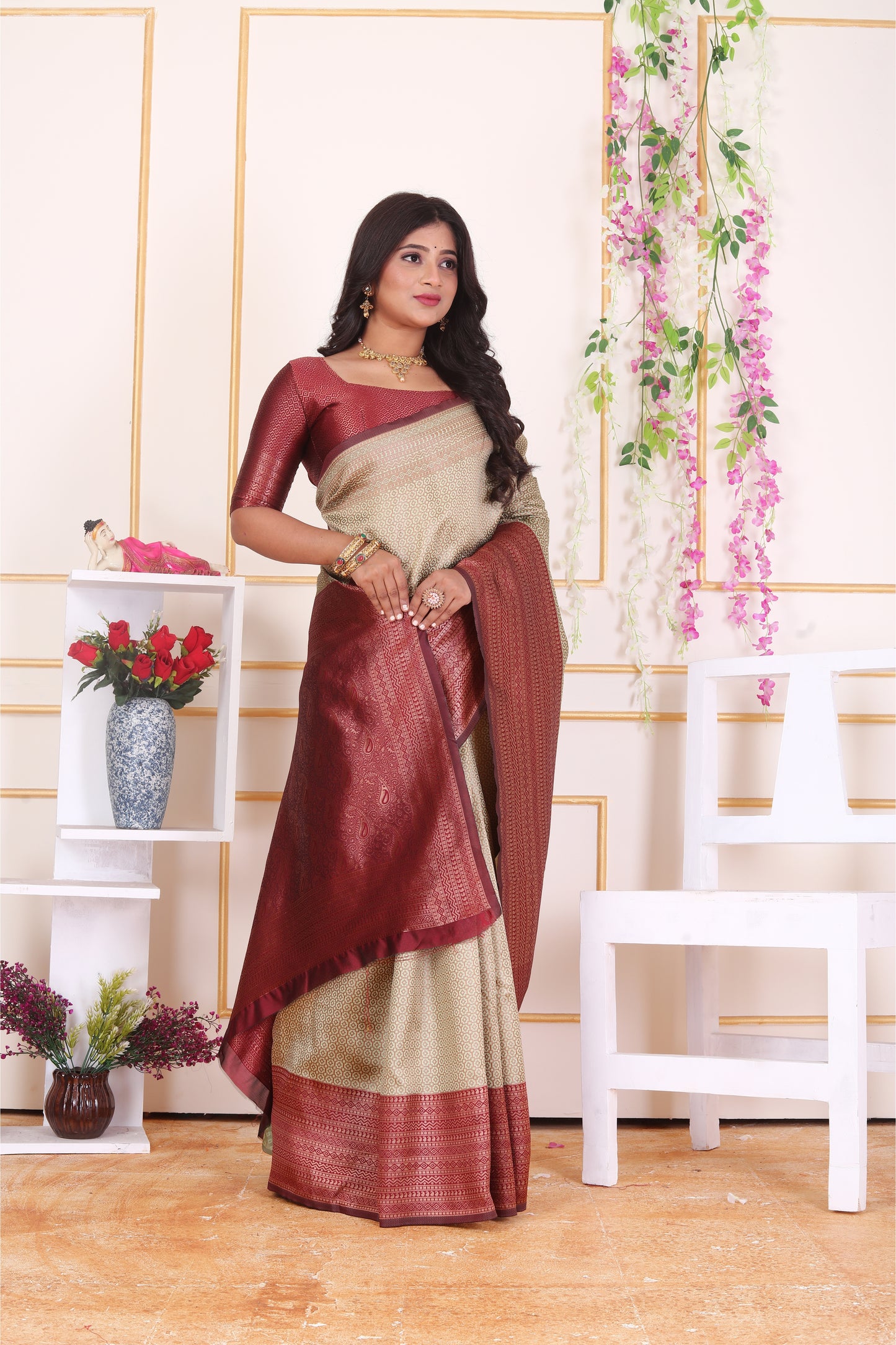 Beige Banarasi Art Silk Saree with Contrast Maroon Border
