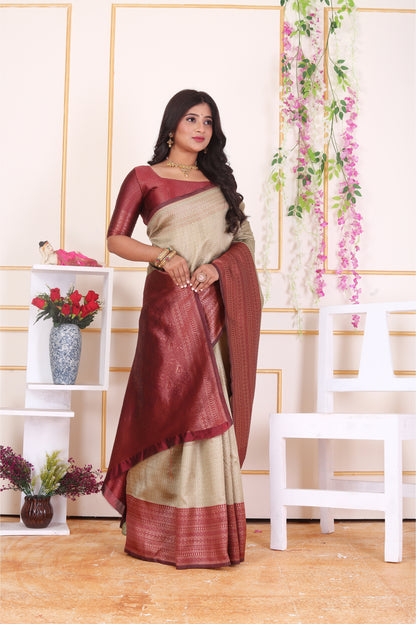 Beige Banarasi Art Silk Saree with Contrast Maroon Border