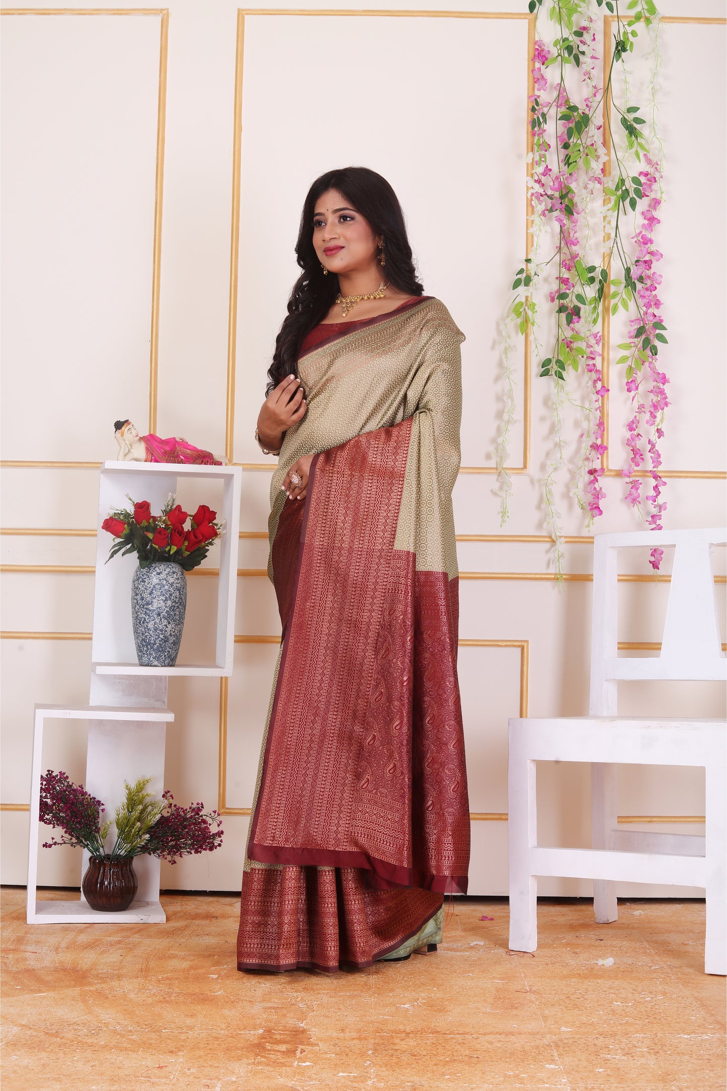 Beige Banarasi Art Silk Saree with Contrast Maroon Border