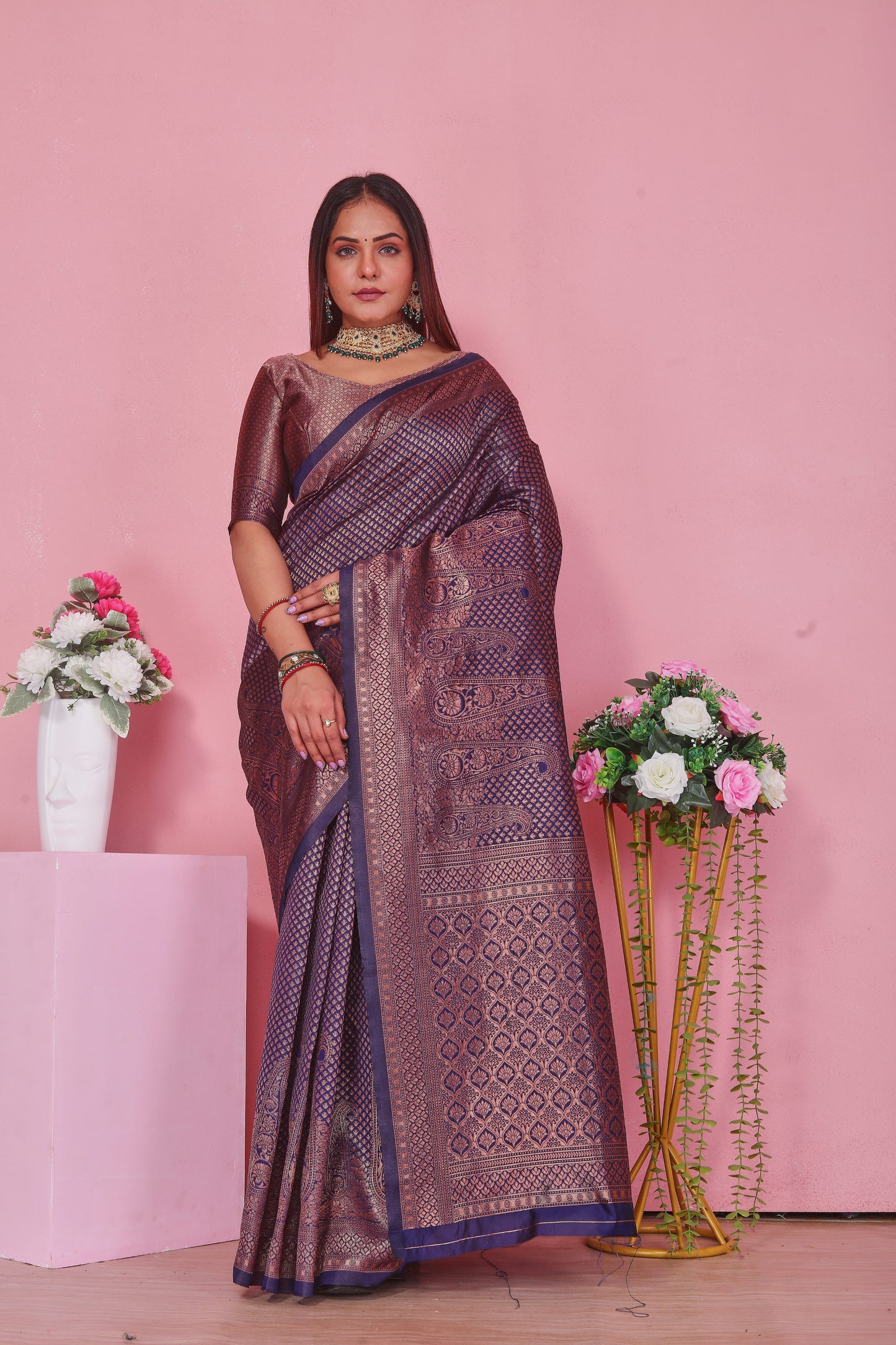 Navy Blue Silk Saree with Copper Zari