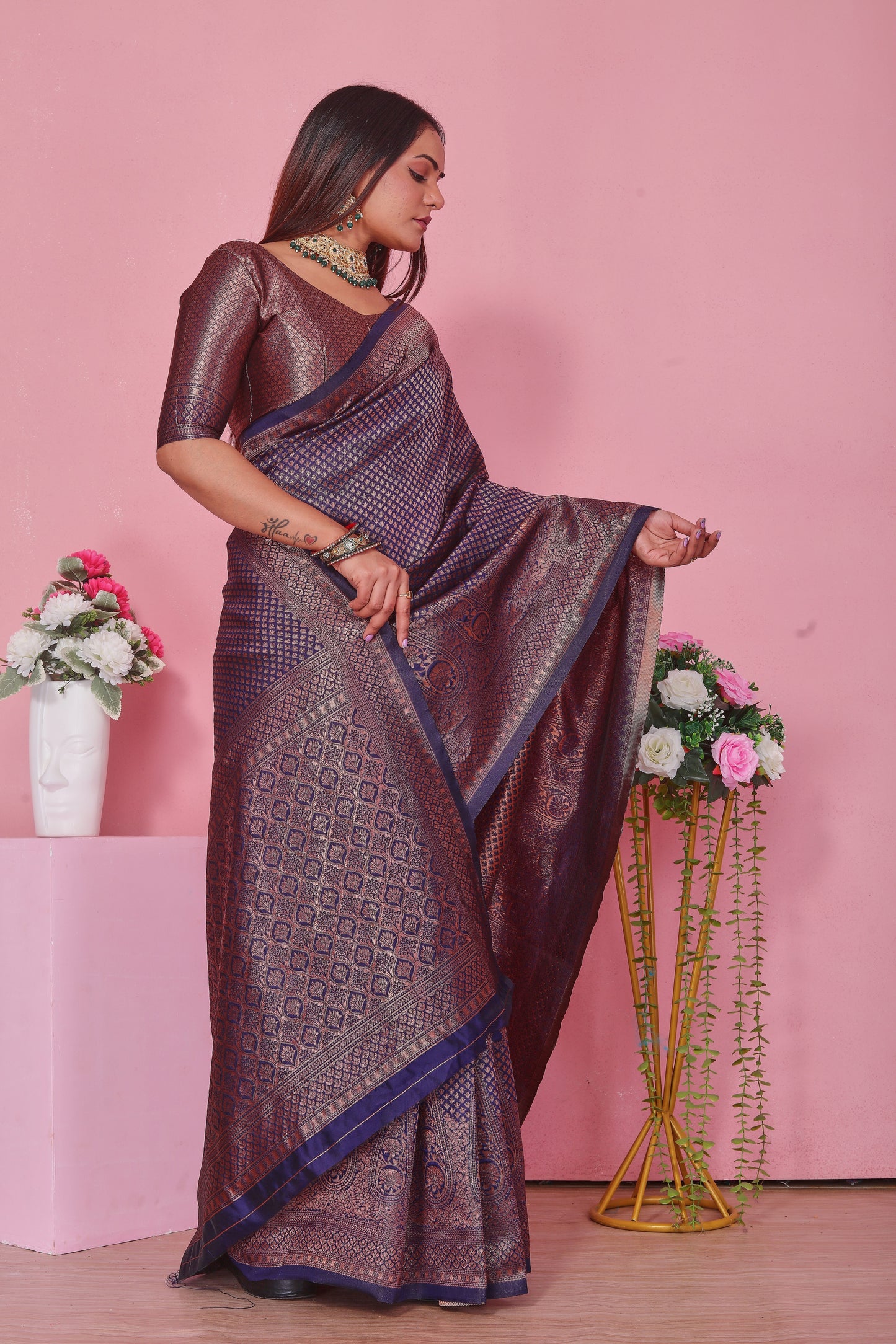 Navy Blue Silk Saree with Copper Zari