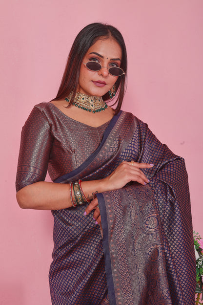 Navy Blue Silk Saree with Copper Zari