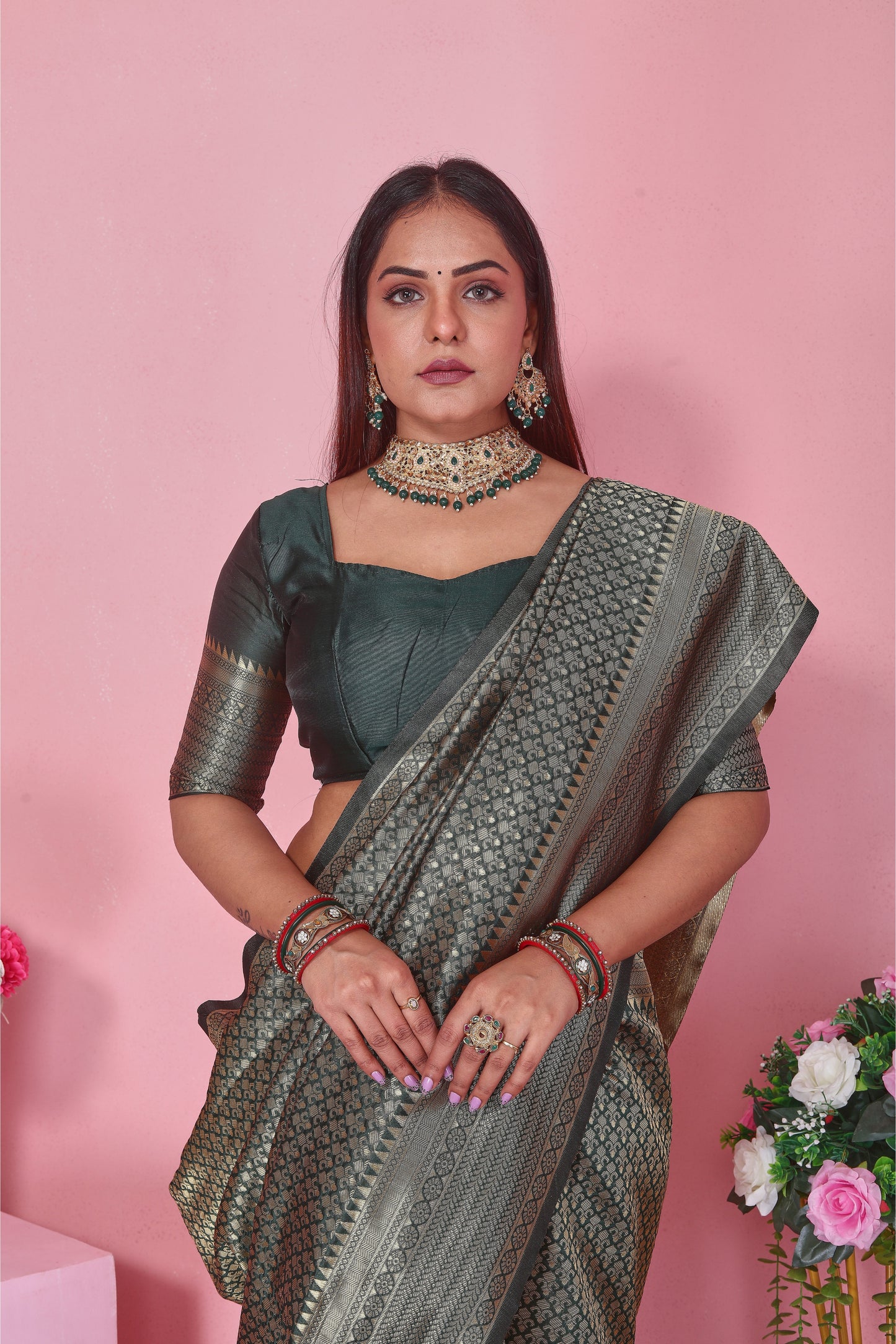 Dark Green Banarasi Silk Saree with Golden Zari | Wedding & Party Wear
