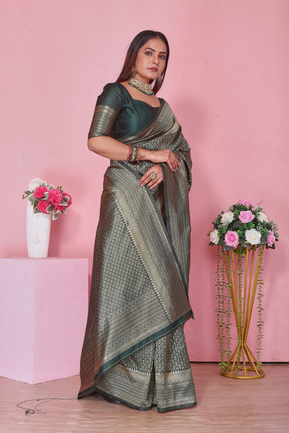 Dark Green Banarasi Silk Saree with Golden Zari | Wedding & Party Wear