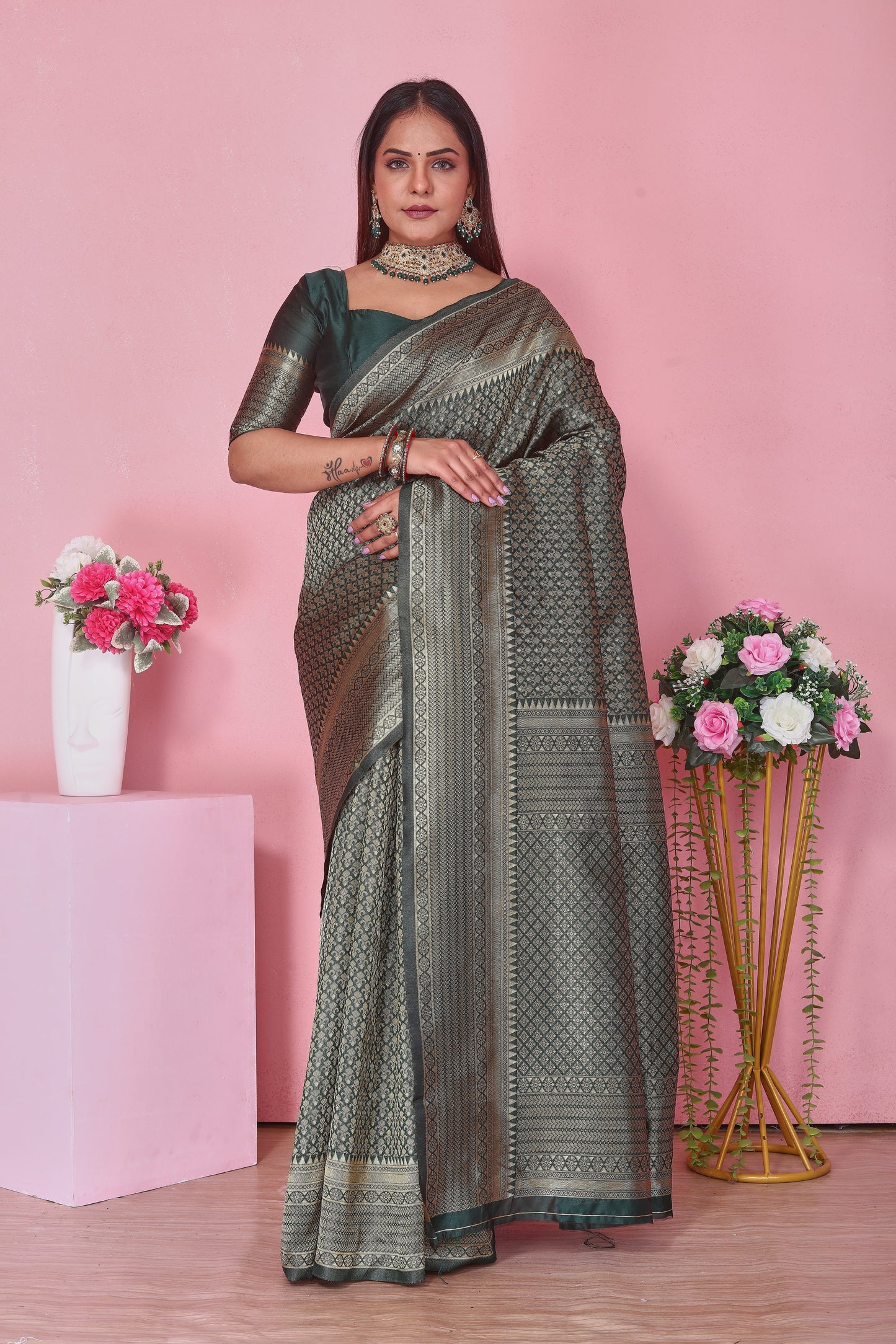 Dark Green Banarasi Silk Saree with Golden Zari | Wedding & Party Wear