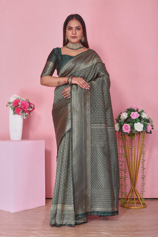 Dark Green Banarasi Silk Saree with Golden Zari | Wedding & Party Wear