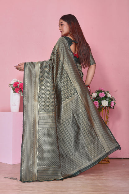 Dark Green Banarasi Silk Saree with Golden Zari | Wedding & Party Wear