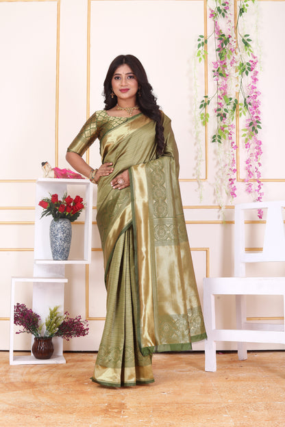 Olive Green Soft Silk Saree with Golden Zari