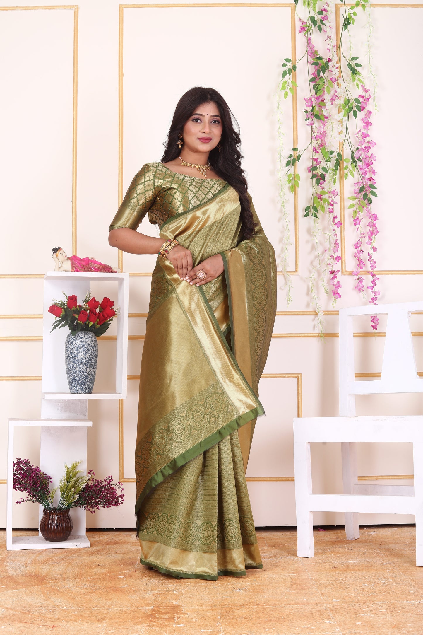 Olive Green Soft Silk Saree with Golden Zari