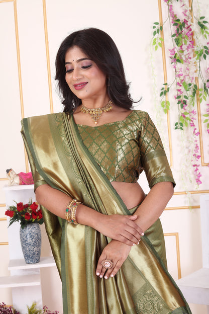 Olive Green Soft Silk Saree with Golden Zari