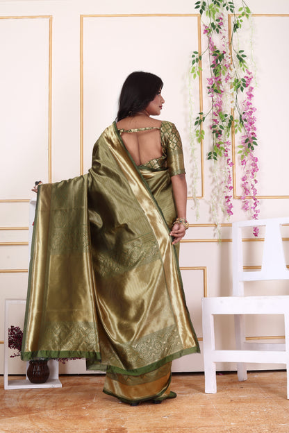 Olive Green Soft Silk Saree with Golden Zari