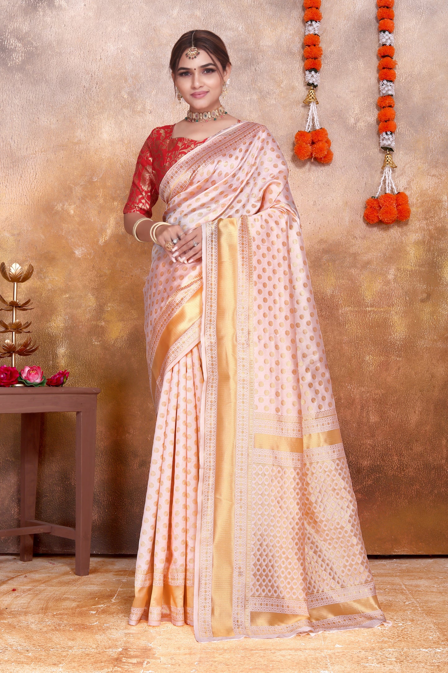 Cream Silk Saree with Gold Zari Weaving