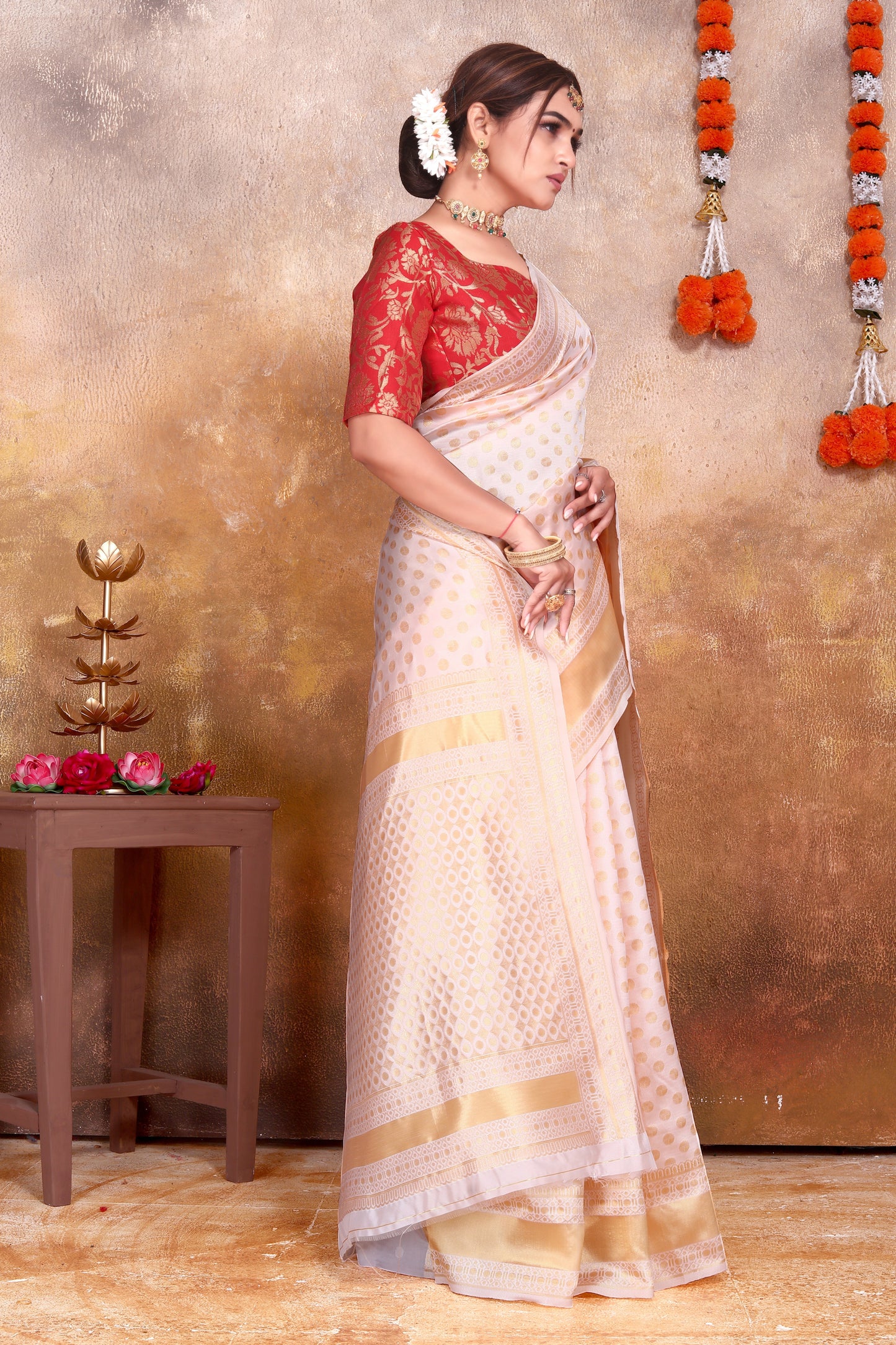 Cream Silk Saree with Gold Zari Weaving