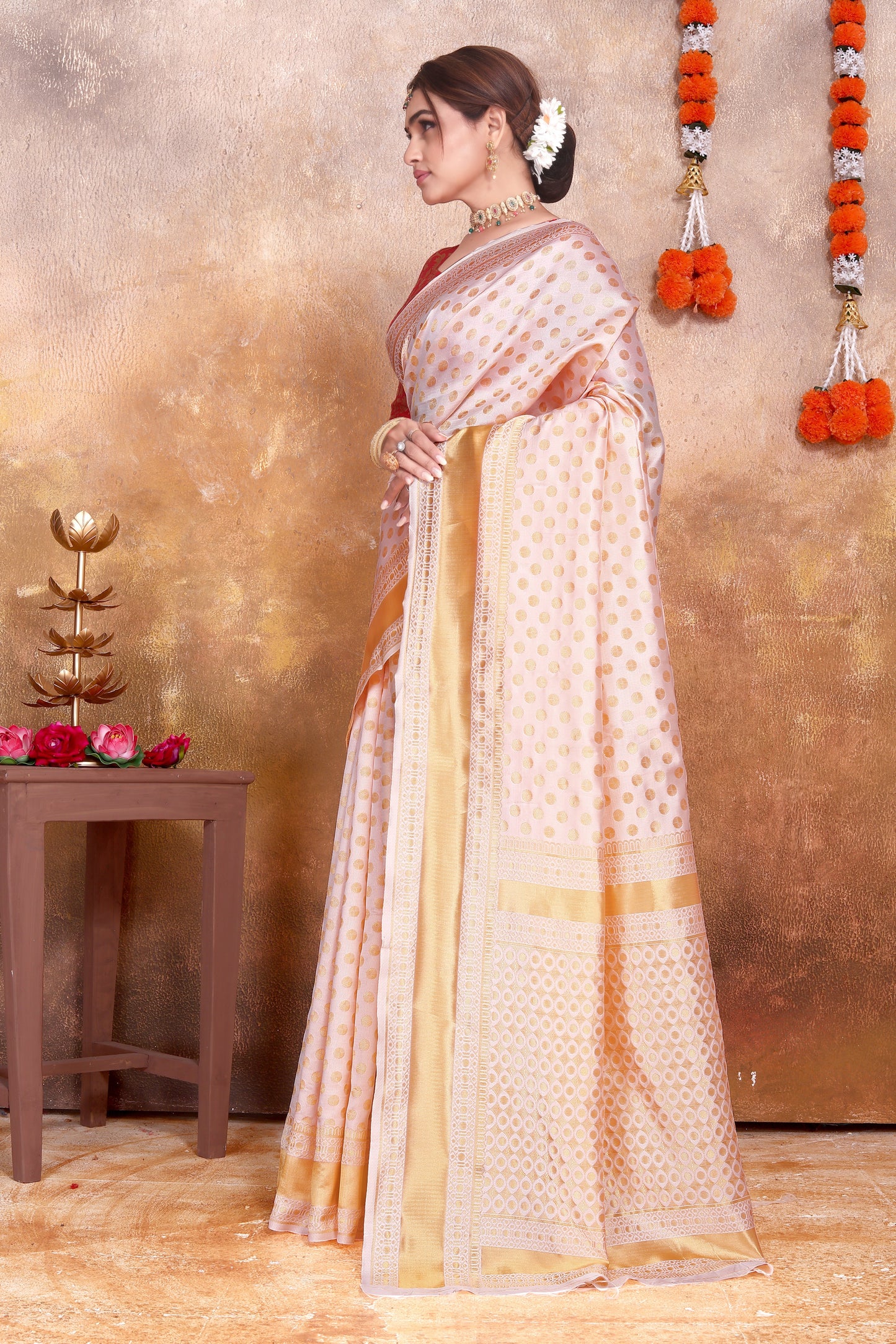 Cream Silk Saree with Gold Zari Weaving