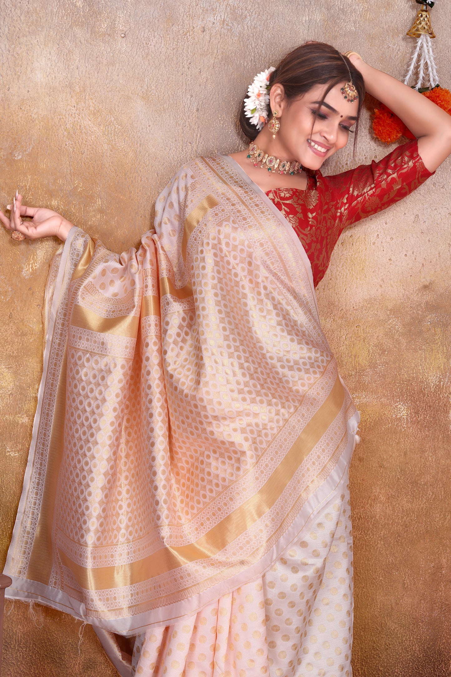 Cream Silk Saree with Gold Zari Weaving