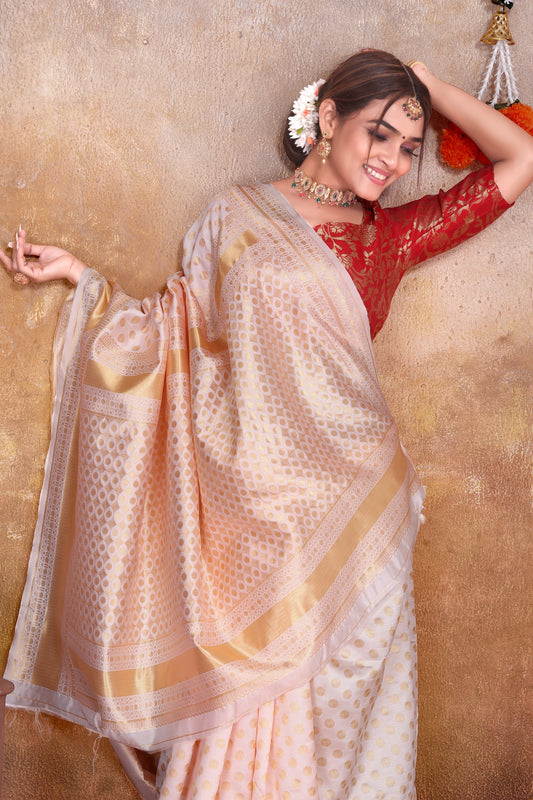 Cream Silk Saree with Gold Zari Weaving