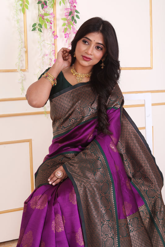 Magenta Purple Kanjivaram Art Silk Saree with Bottle Green Zari Border