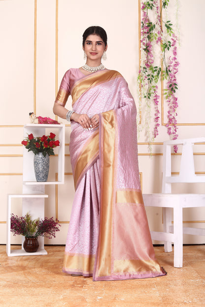 Soft Pink Kanjivaram Silk Saree – Golden Zari Border & Pallu