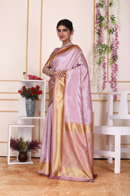Soft Pink Kanjivaram Silk Saree – Golden Zari Border & Pallu