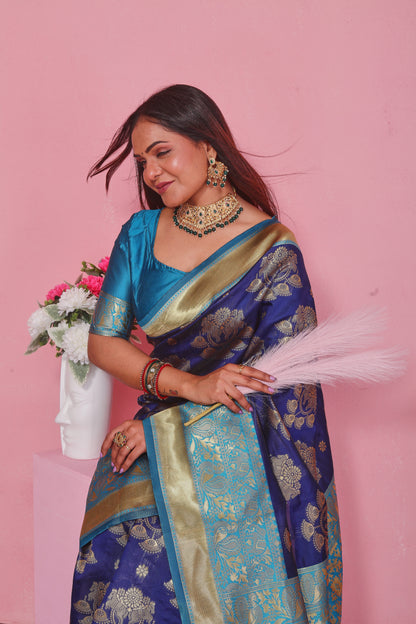 Royal Blue Kanjivaram Art Silk Saree with Gold Zari Border