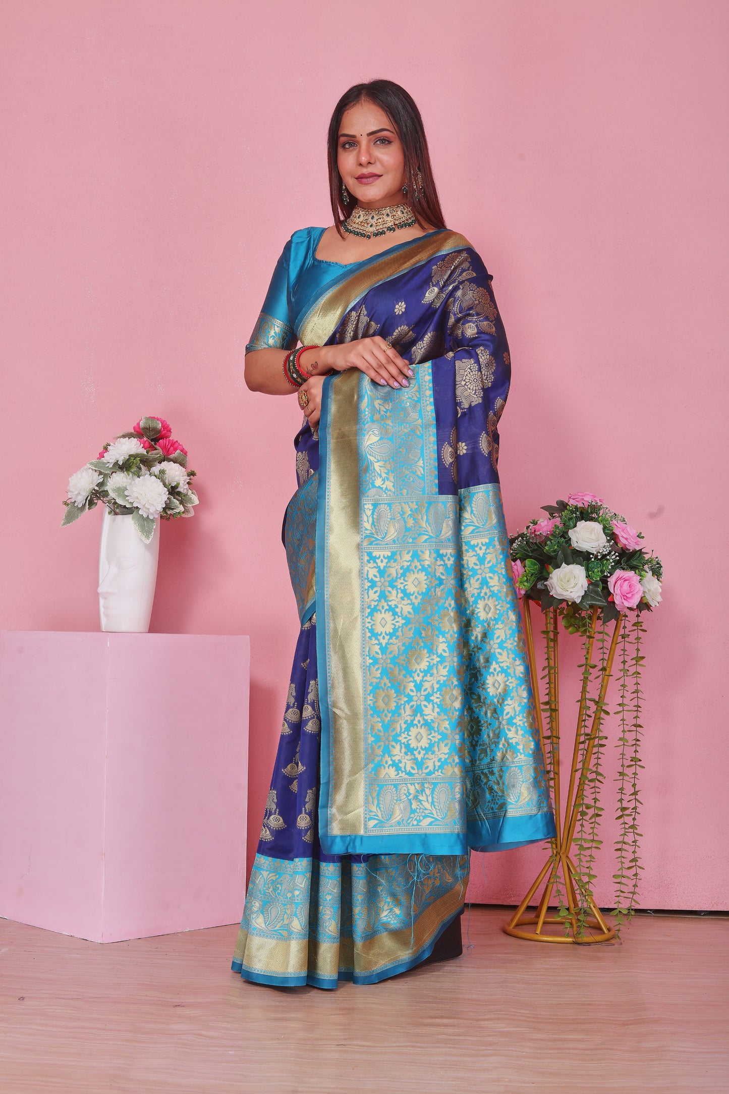 Royal Blue Kanjivaram Art Silk Saree with Gold Zari Border