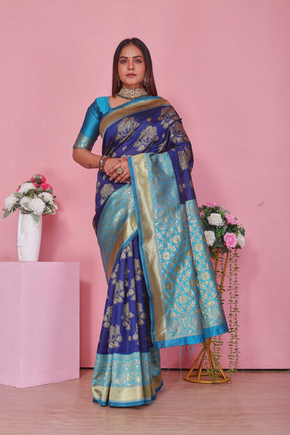 Royal Blue Kanjivaram Art Silk Saree with Gold Zari Border