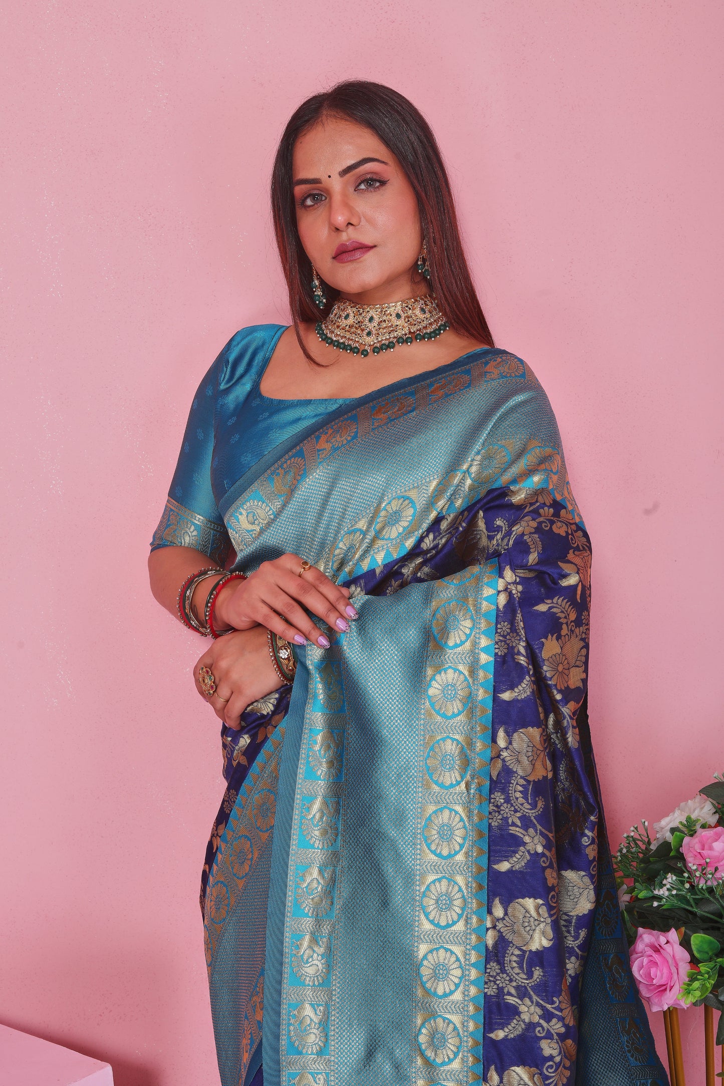 Royal Blue & Firozi Silk Saree with Gold Zari Brocade