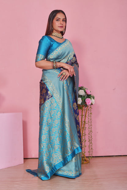 Royal Blue & Firozi Silk Saree with Gold Zari Brocade