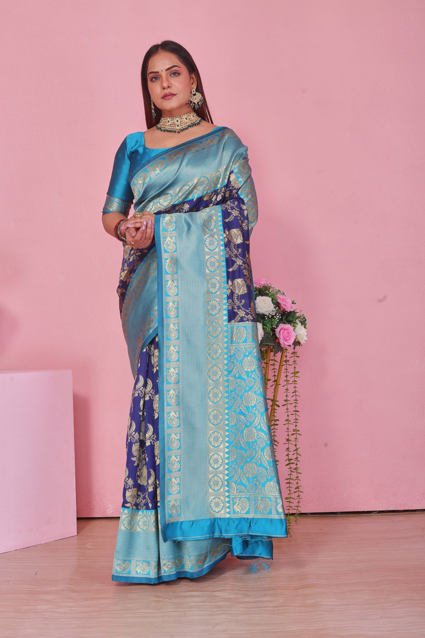 Royal Blue & Firozi Silk Saree with Gold Zari Brocade