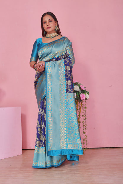 Royal Blue & Firozi Silk Saree with Gold Zari Brocade