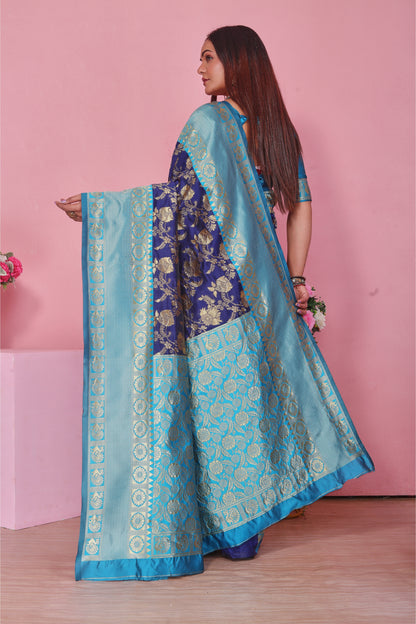 Royal Blue & Firozi Silk Saree with Gold Zari Brocade