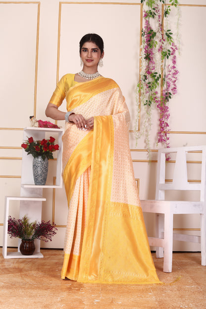 Bright Yellow Kanjivaram Silk Saree with Golden Zari Border & Pallu