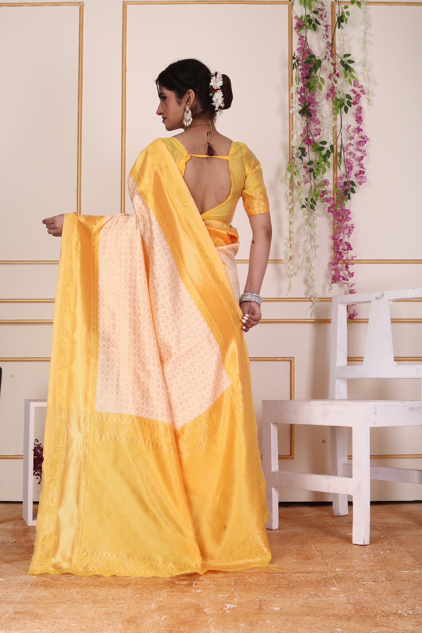 Bright Yellow Kanjivaram Silk Saree with Golden Zari Border & Pallu