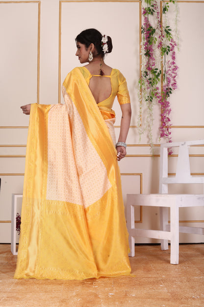 Bright Yellow Kanjivaram Silk Saree with Golden Zari Border & Pallu