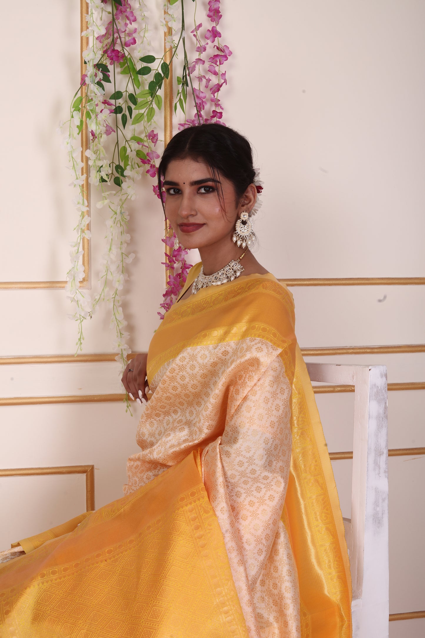 Bright Yellow Kanjivaram Silk Saree with Golden Zari Border & Pallu